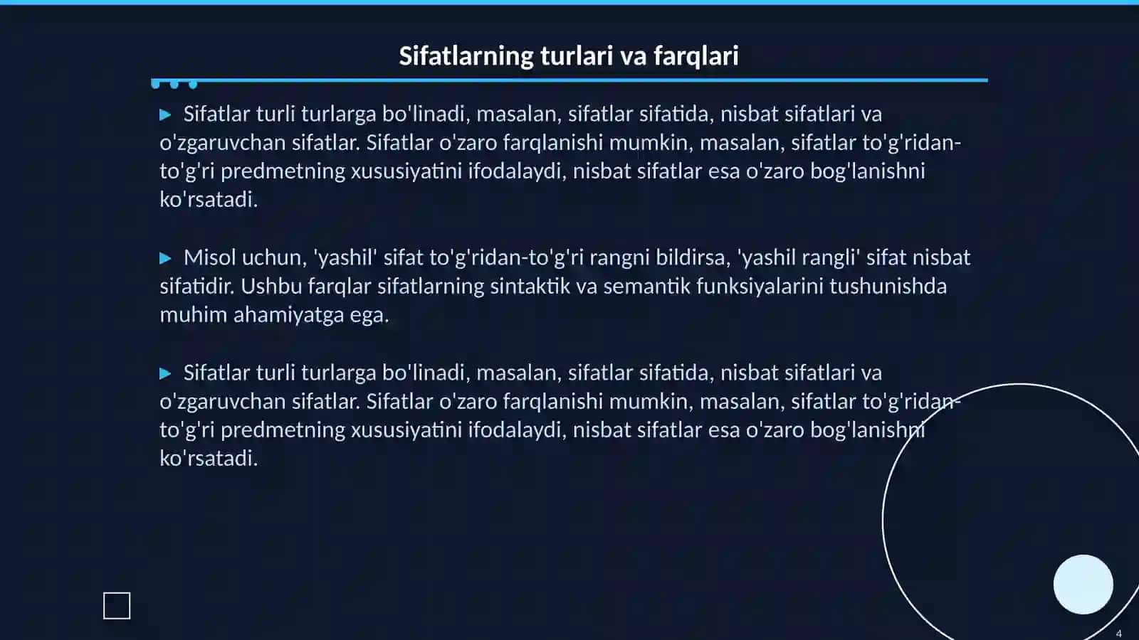 Sifat soʻz turkumi haqida aniq maʼlumotlar bln 8 betli 4