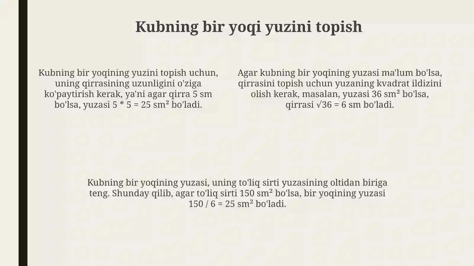 Kuboid va kubning bir yog'i yuzini topish 4