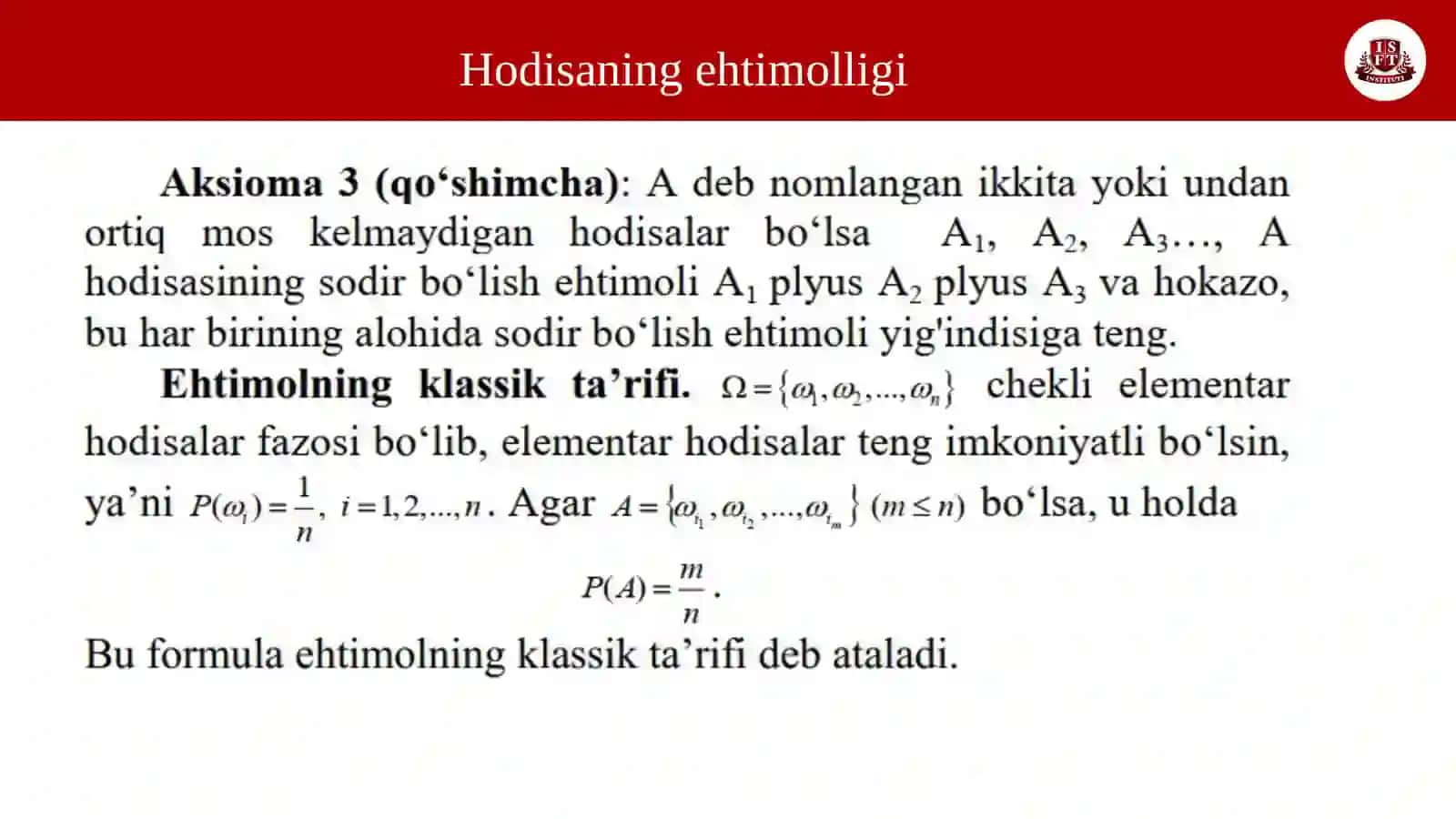 Hodisa ehtimolik tushunchasi va uning klassik, geometrik va statistik ta'riflari 4