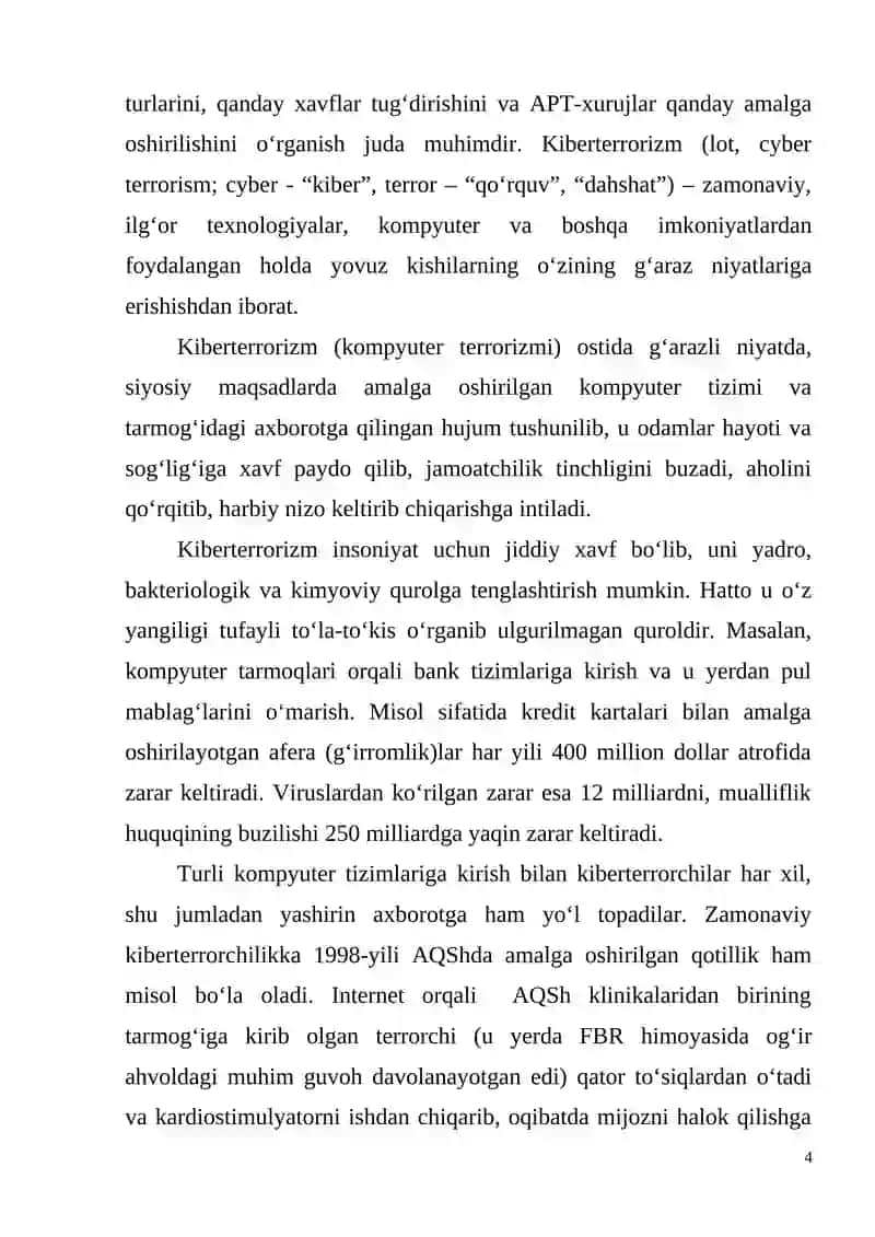 "KIBERTERRORIZM VA UNING TURLARI. APT-XURUJLAR" Mavzusida MUSTAQIL ISHI 4
