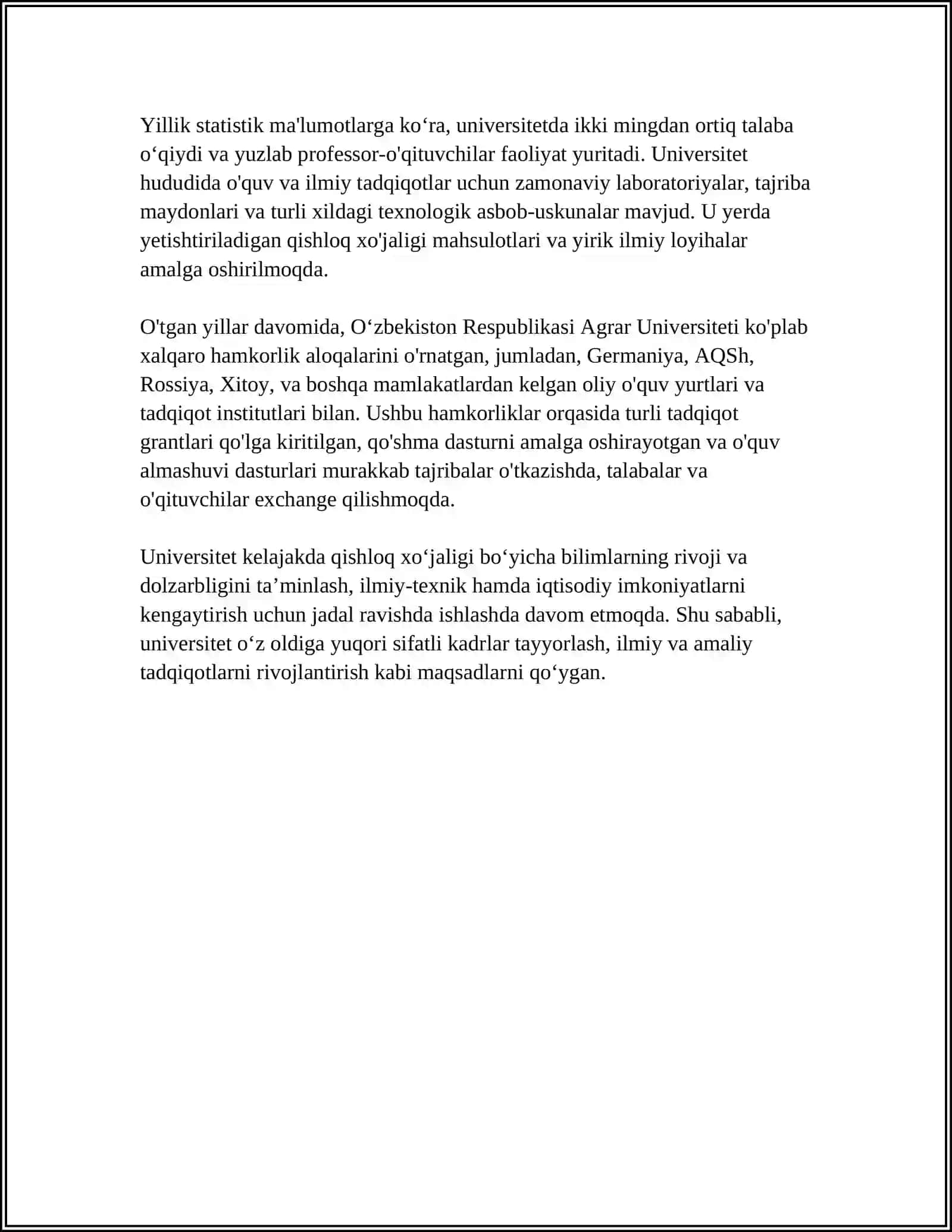 Oʻzbekiston Respublikasi Agrar Universiteti Referat 4