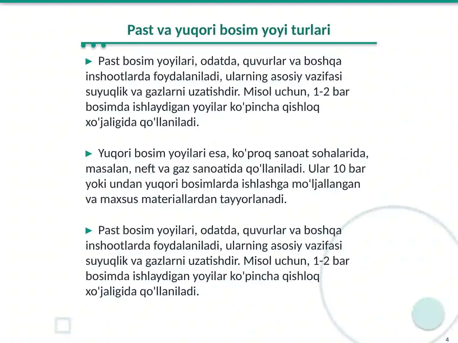 Past va yuqori bosim yoyi 4