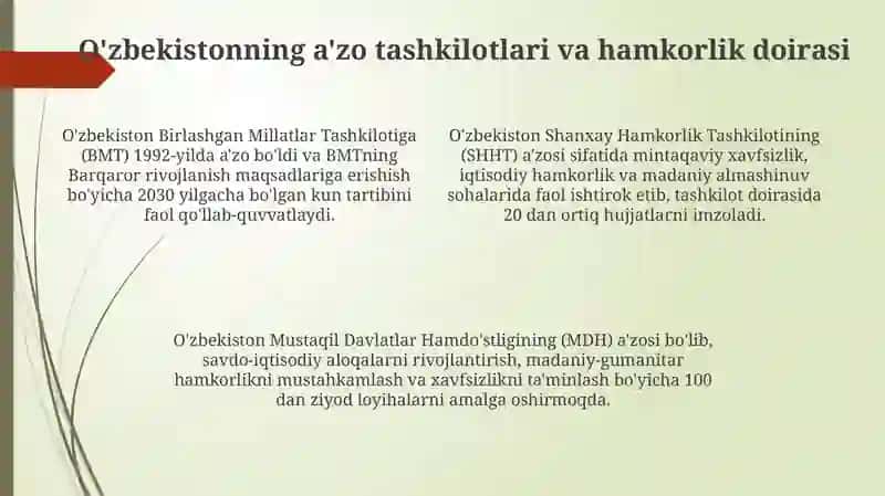 O'zbekistonning xalqaro tashkilotlar bilan hamkorligi 4