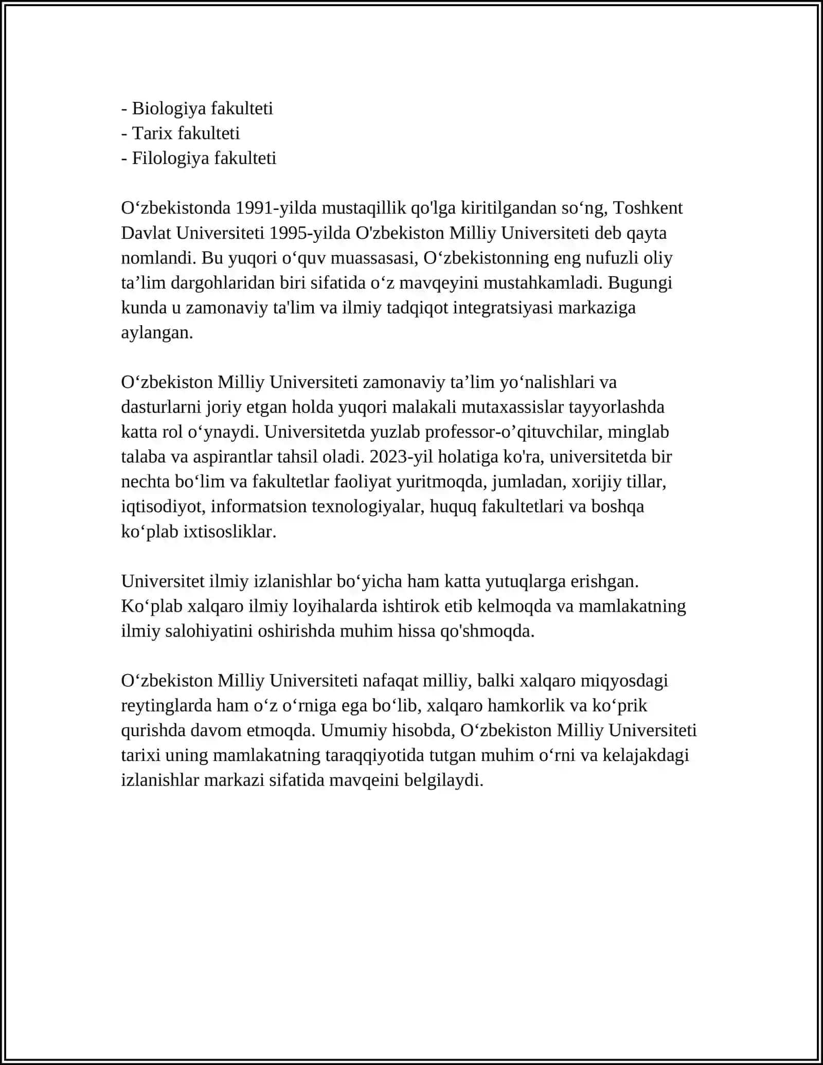 MUSTAQIL ISH Mavzu: MILLIY UNIVERSITET 4