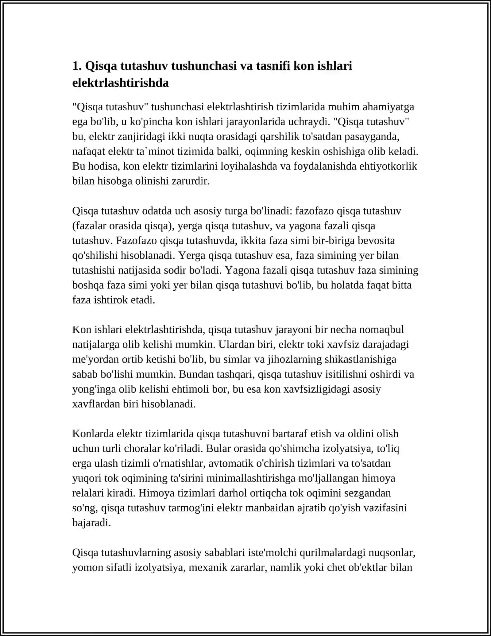 KON ISHLARINI ELEKTRLASHTIRISH FANIDAN "QISQA TUTASHUV JARAYONI TOʻGʻRISIDA UMUMIY MAʼLUMOT" MAVZUSIGA 4