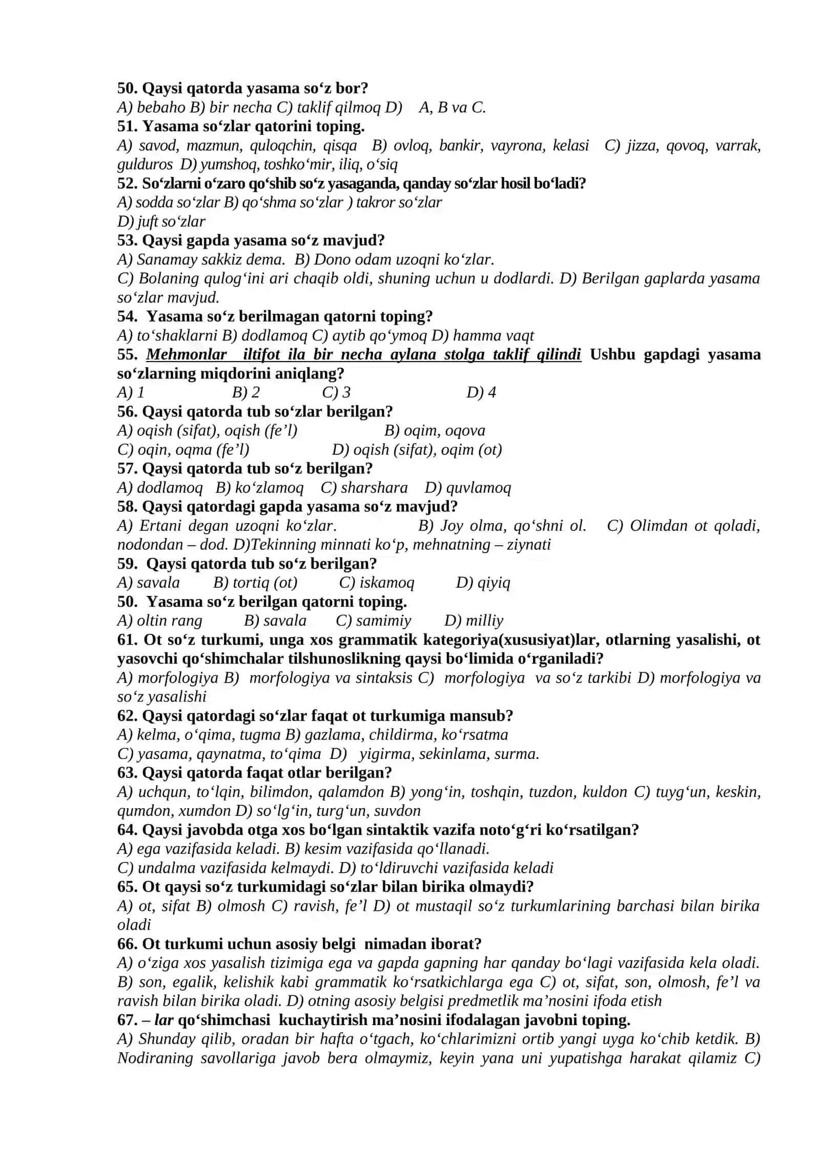 O'zbek tili grammatikasi testlari 4