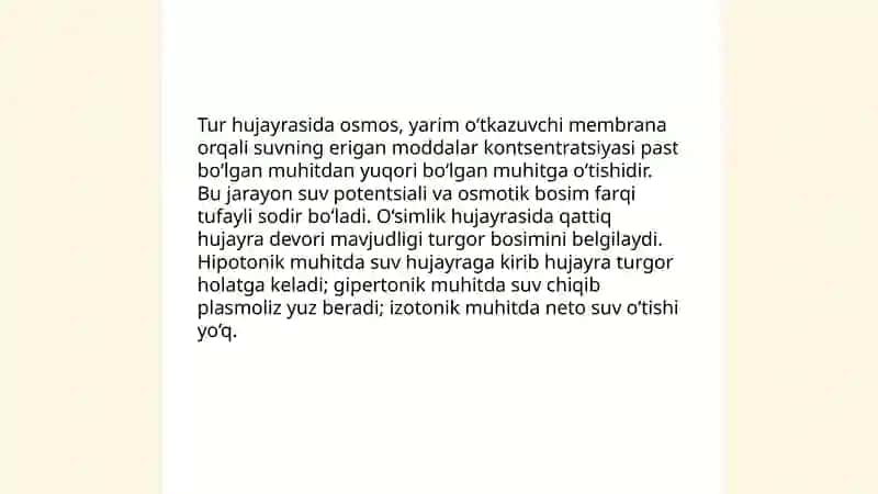 Tur hujayrasida diffuziya va osmos 4