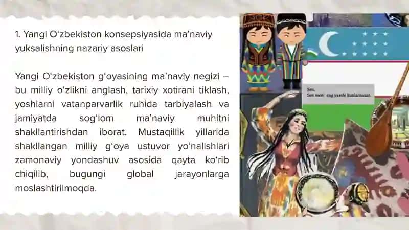 YANGI O'ZBEKISTONDA AMALGA OSHIRILAYOTGAN MA'NAVIY O'ZGARISHLAR 4