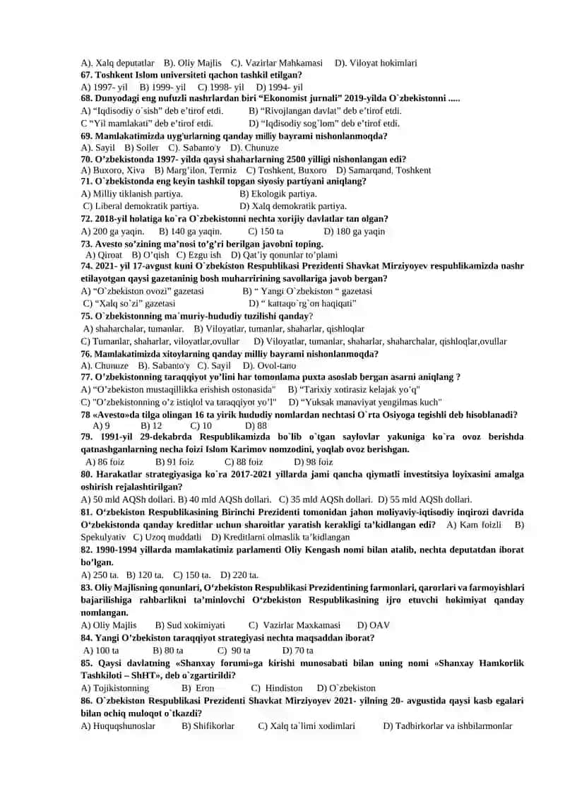 O’ZBEKISTONNING ENG YANGI TARIXI FANIDAN TESTLAR TO’PLAMI. 4