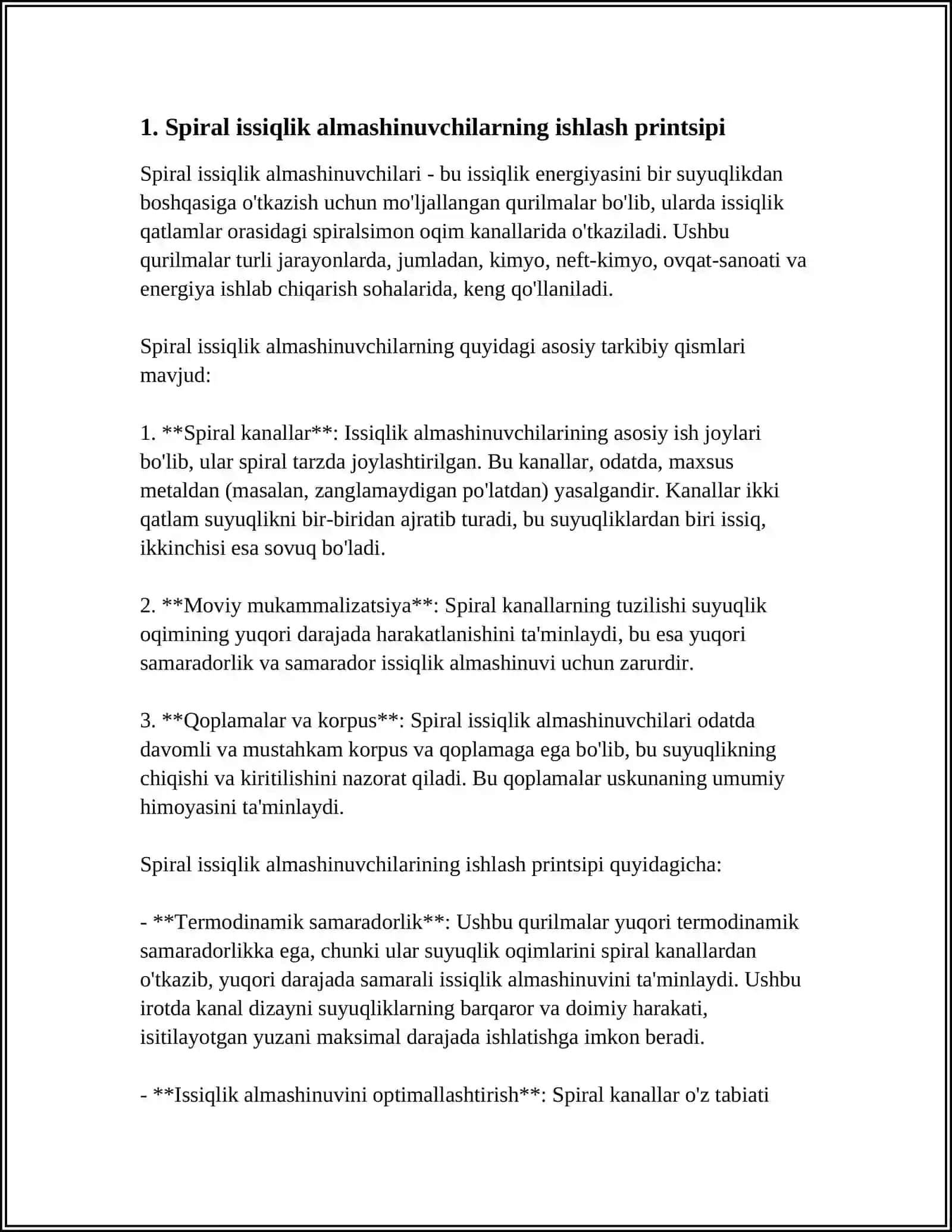 Etilatsetatni sovutish uchun spralsimon issiqlik almashinish qurilmasi hisoblansin 4