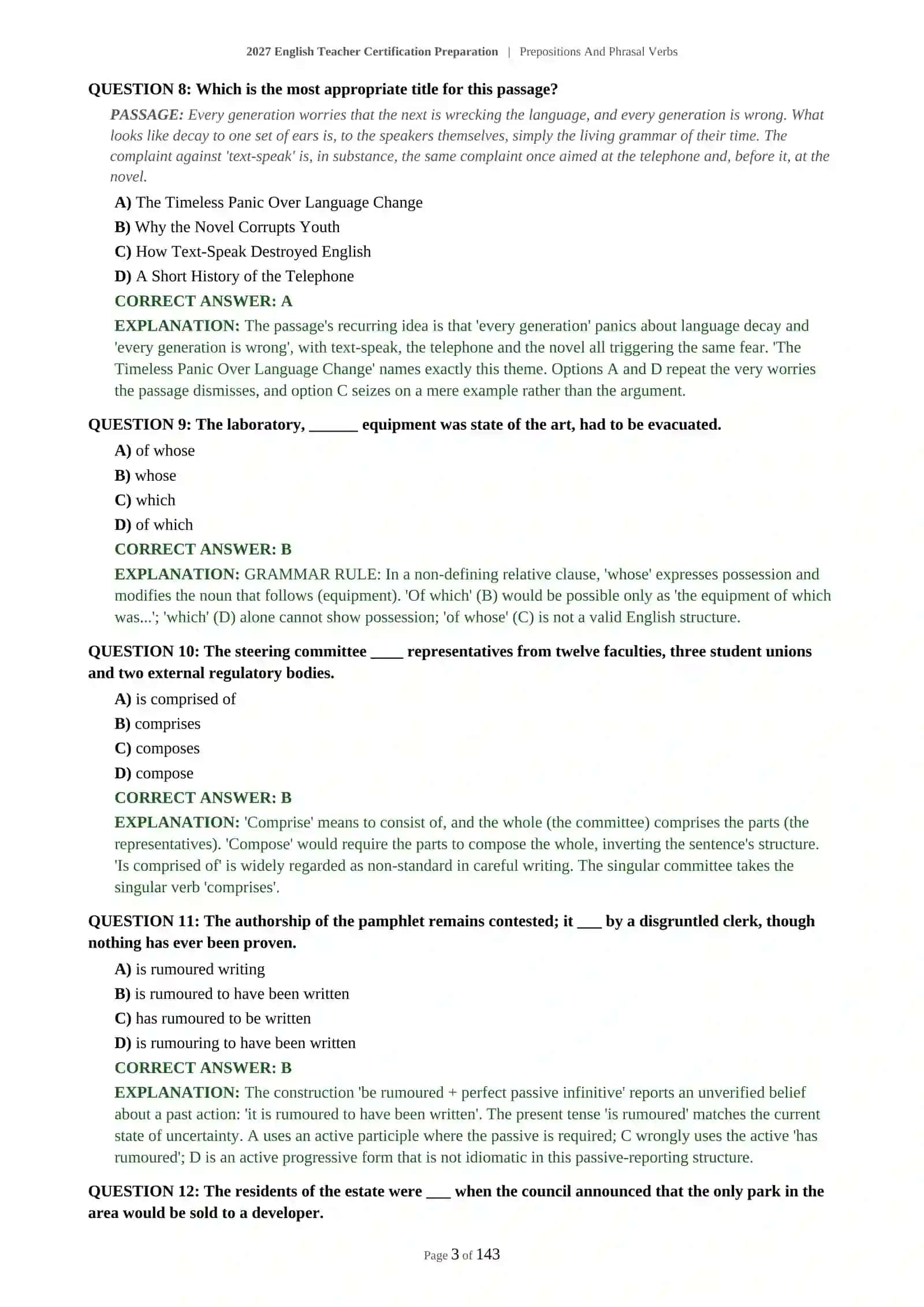 ENGLISH TEACHER PRACTICE TEST - PREPOSITIONS AND PHRASAL VERBS - 2027 CERTIFICATION PREPARATION 4