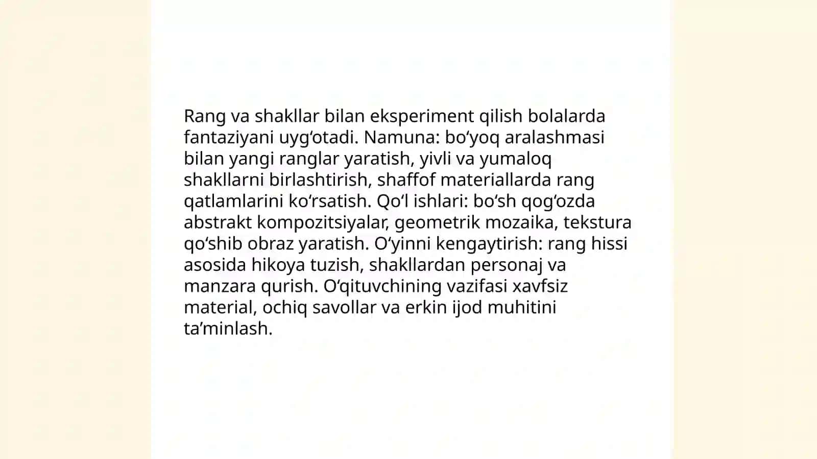 Ilk va maktabgachayoshgacha bo`lgan bolalarning dunyoni badiiy tasavvur etishga o`rgatish yo`llari 4