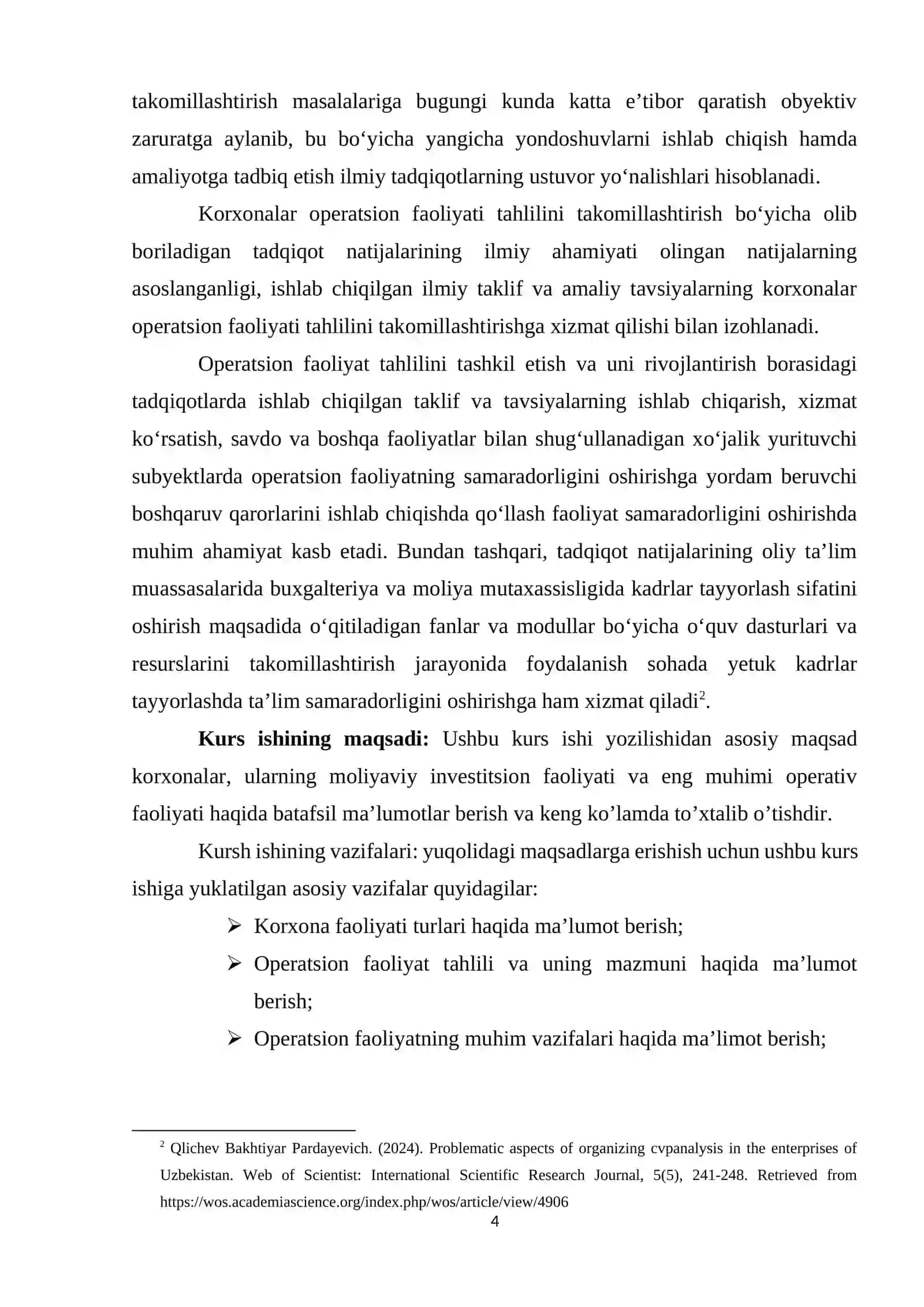 Korxonaning operatsion faoliyatini tahlili
va uning muhim jihatlari 4