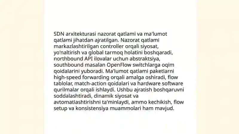 SDN (Software-Defined Networking) tushunchasi va OpenFlow protokoli: An'anaviy tarmoqlardan farqi va zamonaviy ma'lumot markazlarida qo'llanilishi 4