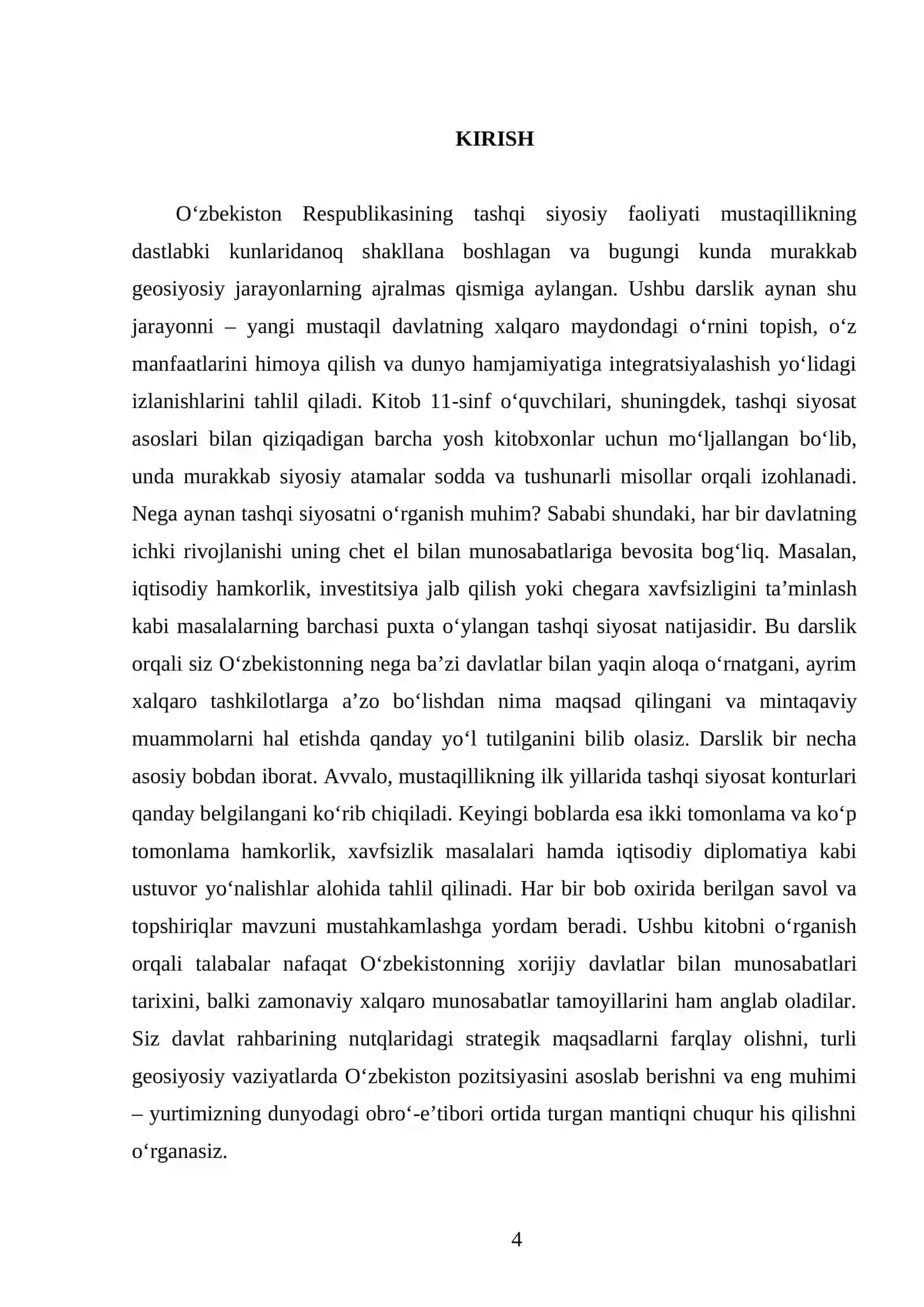 O‘ZBEKISTON RESPUBLIKASI TASHQI SIYOSIY FAOLIYATINING SHAKLLANISHI VA UNING USTUVOR YO‘NALISHLARI 11- SINF 4