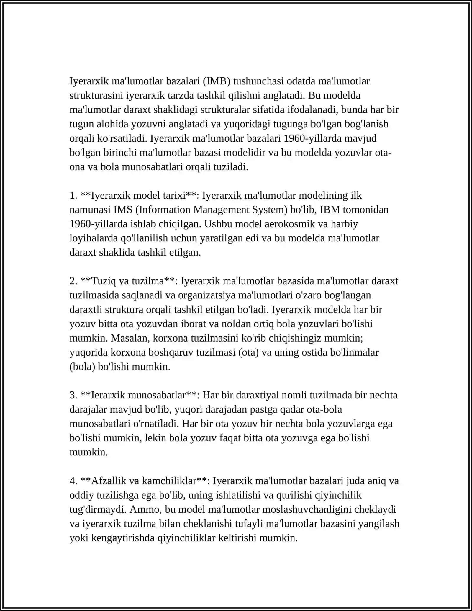 BIOINFORMATIKADA IYERARXIK MALUMOTLAR BAZASI MAVZUSIDA MUSTAQIL ISH 4