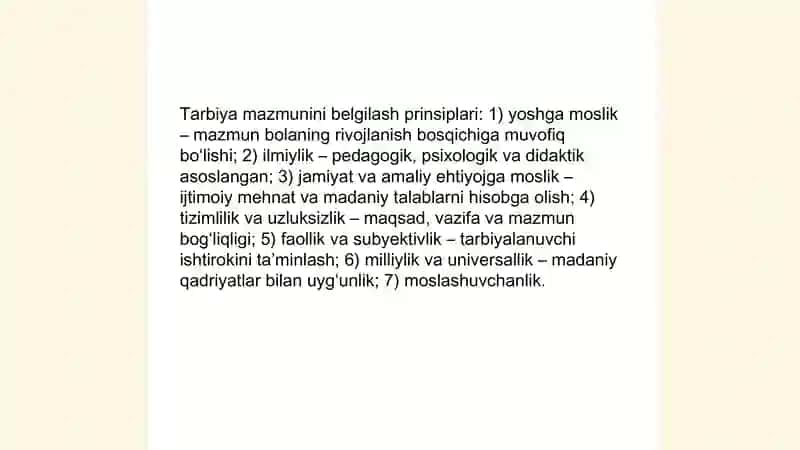 Tarbiya jarayonining mohiyati mazmuni tarbiya tamoyillari va metodlari 4