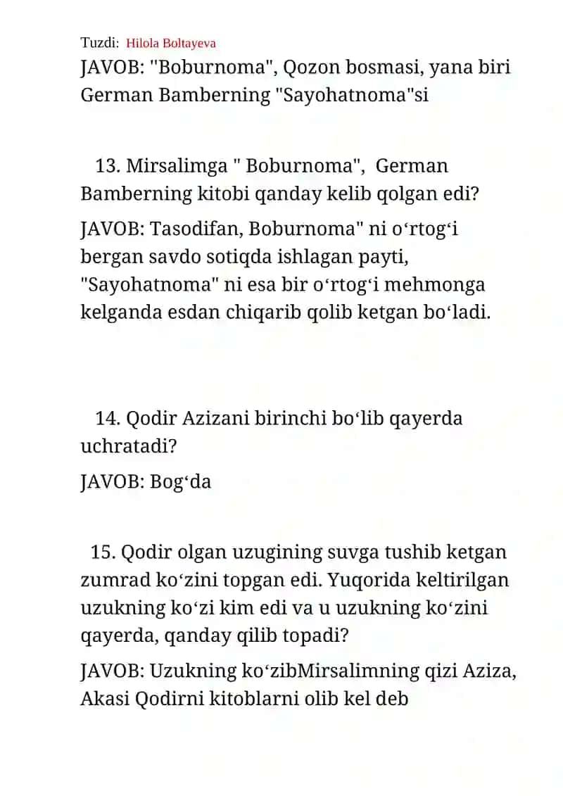 "Oltin zanglamas" romani Shuhrat savol javob 4
