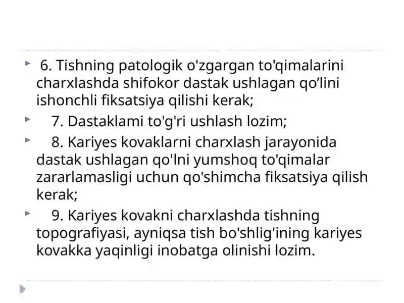 Blekbo’yicha 1-sinflik karioz kovaklarni restavratsiya qilish 4