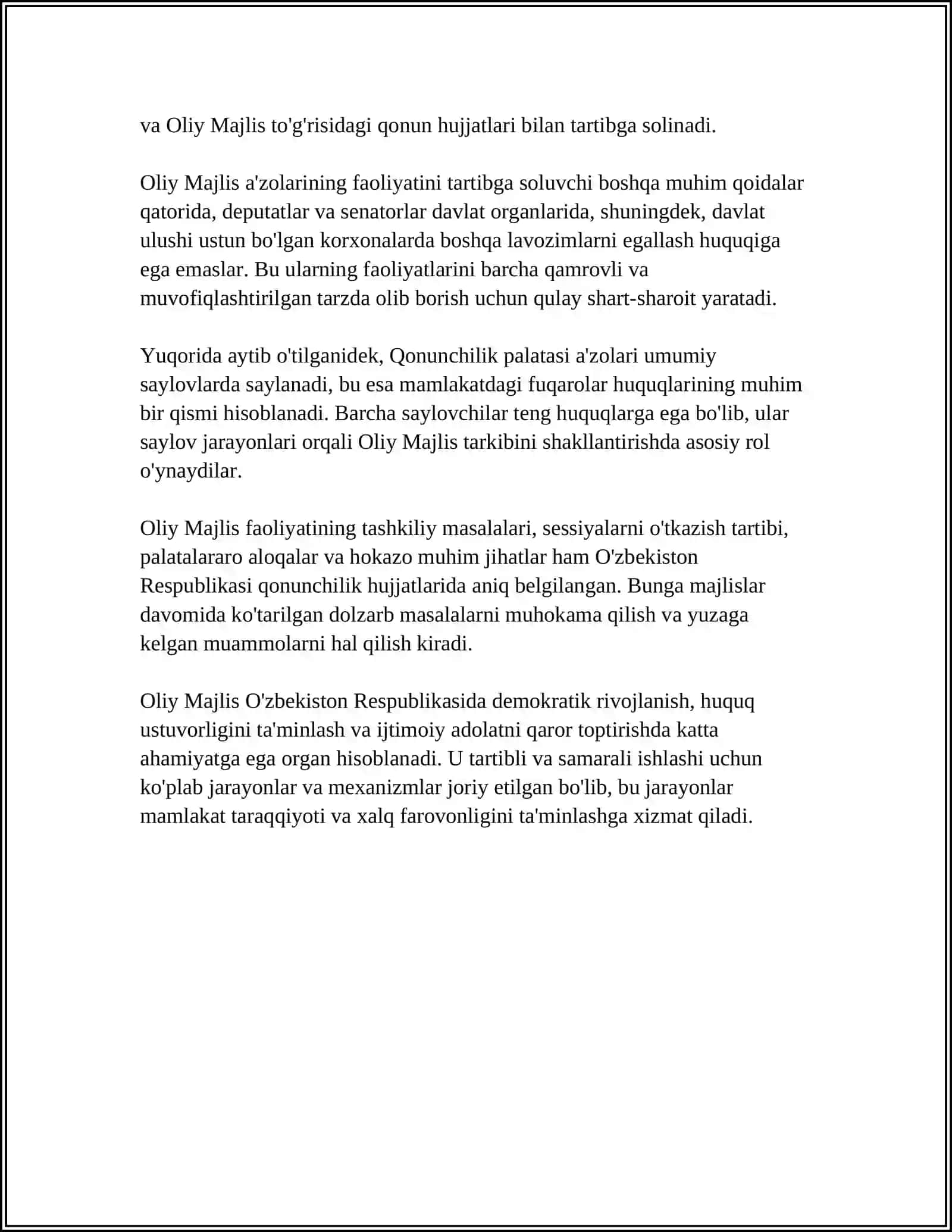O'zbekiston Respublikasining Oliy Majlisi Referat 4