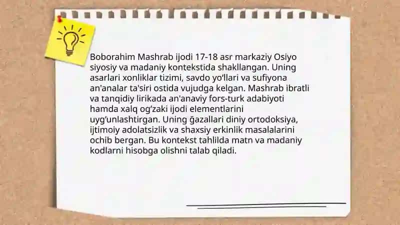 Boborahim Mashrab hayoti va ijodi. Ğazallar tahlili 4