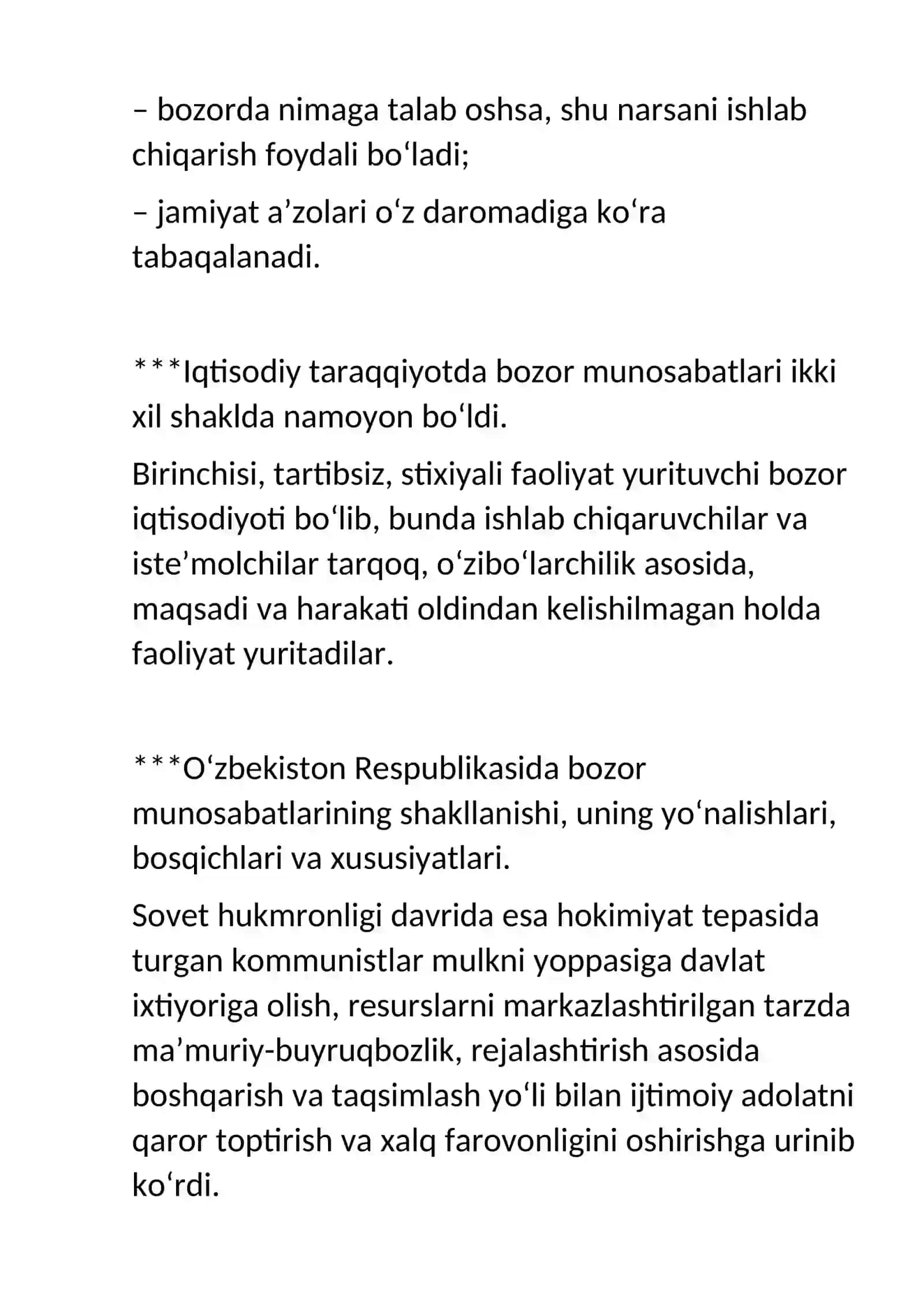 Iqtisodiy islohotlar, xususiy mulkchilikning shakllanishi. O‘zbekistonda bozor munosabatlarining rivojlanishi 4