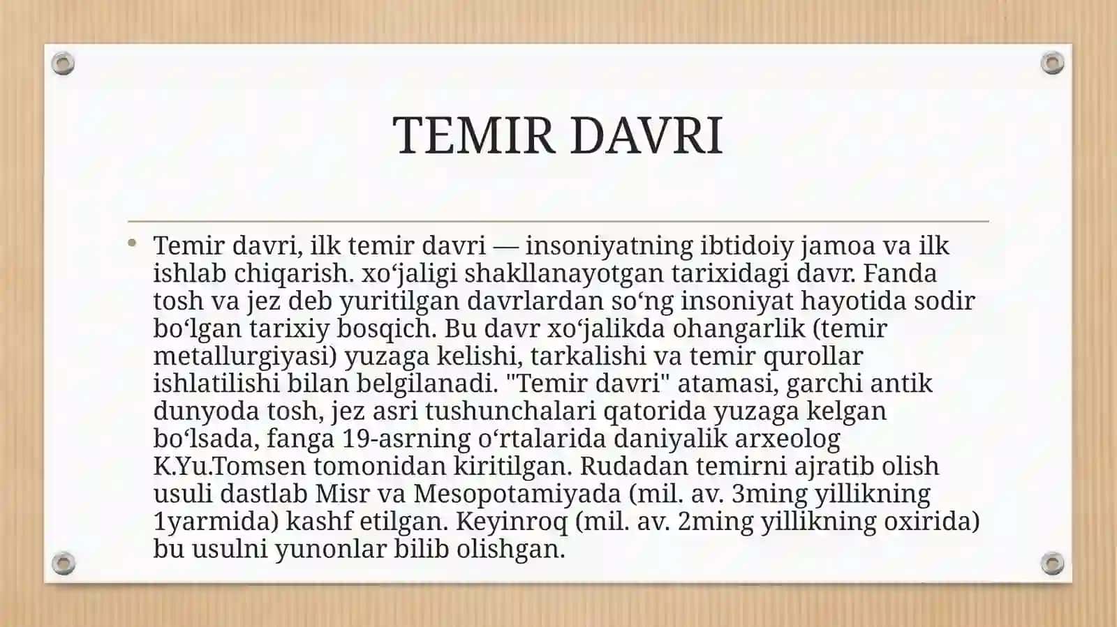 ARXEOLOGIYA FANIDAN TEMIR DAVRI MAVZUSIDAGI TAQDIMOT 4