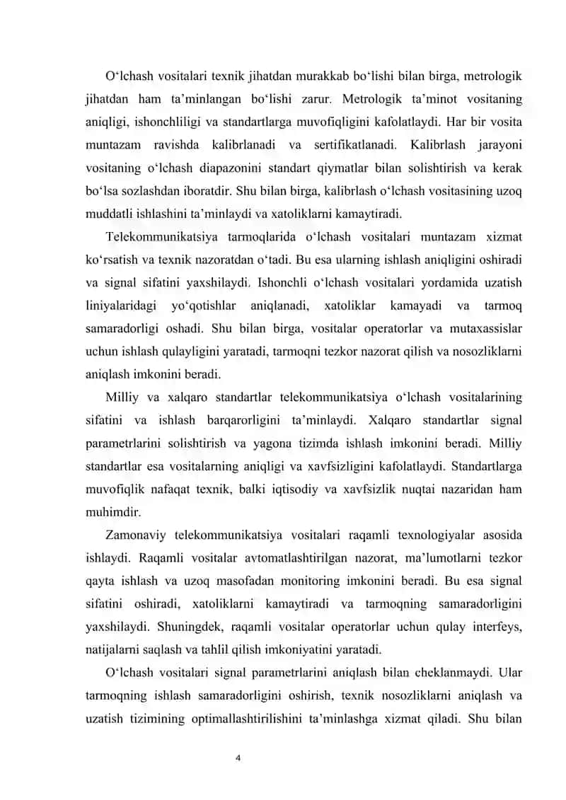 Telekommunikatsiyalar o’lchash vositalarining metrologik  ta’minoti. 4