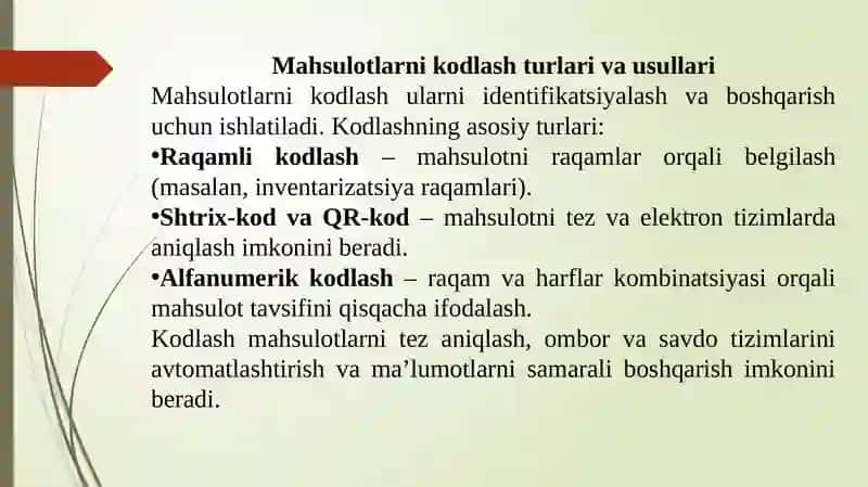 Mahsulotlar haqida ma’lumotlarni standartlashtirish va kodlash 4