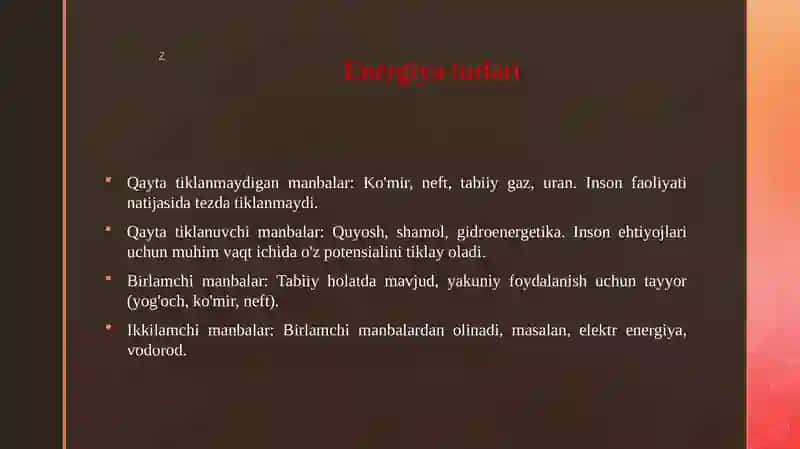 ENERGIYA TURLARI, SANOATDA ENERGIYADAN RATSIONAL FOYDALANISH 4