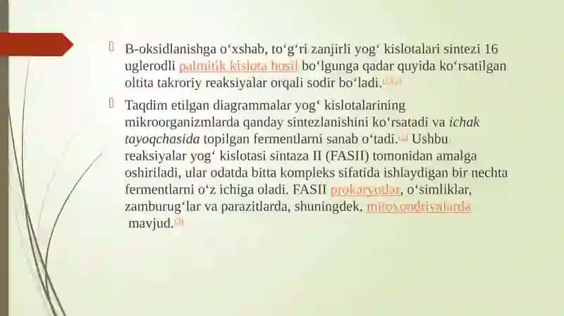 Yog’ kislotalarini B-oksidlanishi. Energiya balansi. Lipidlarning biosintezi 4