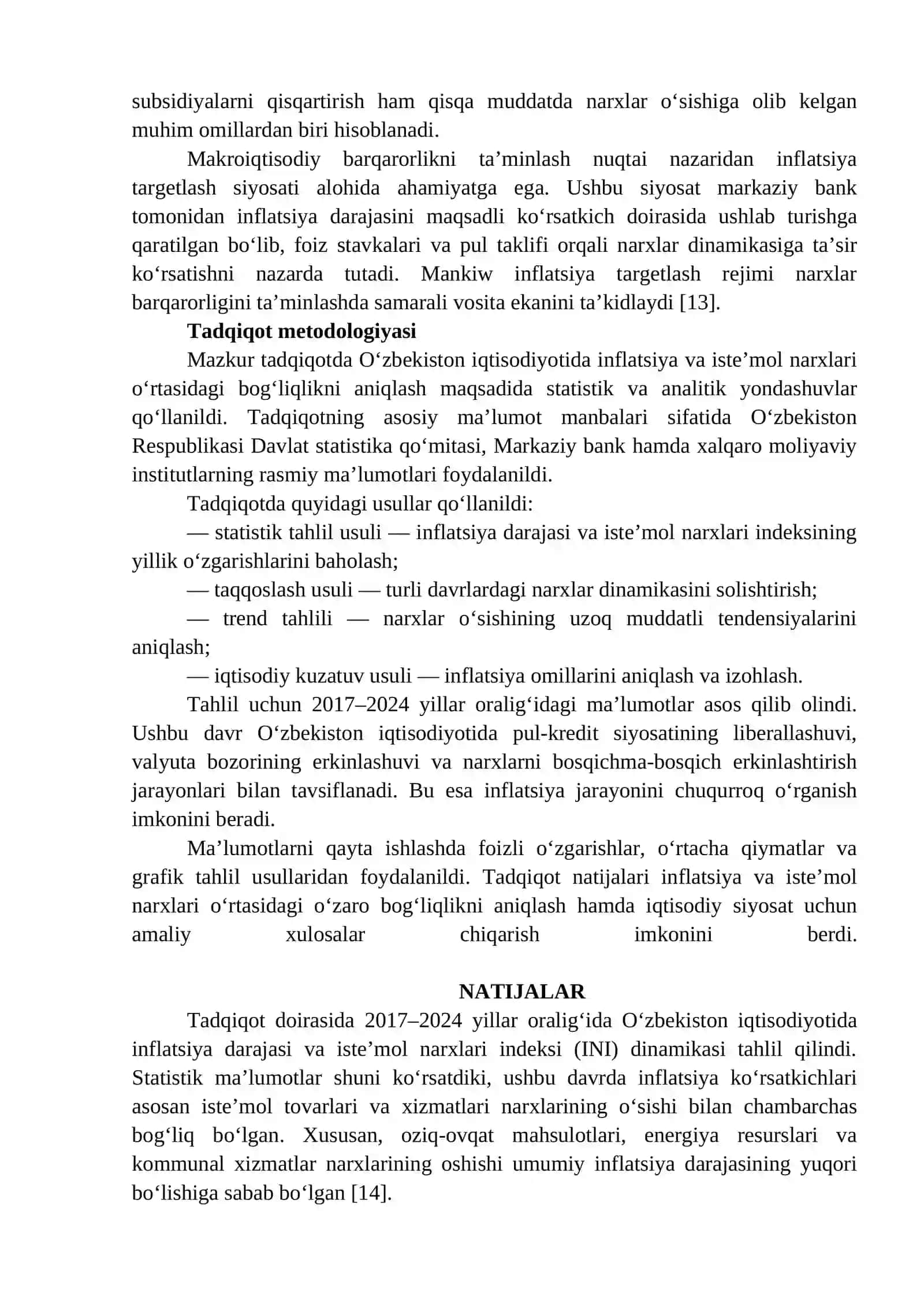 O‘ZBEKISTON IQTISODIYOTIDA INFLATSIYA VA ISTE’MOL NARXLARI BOG‘LIQLIGI 4