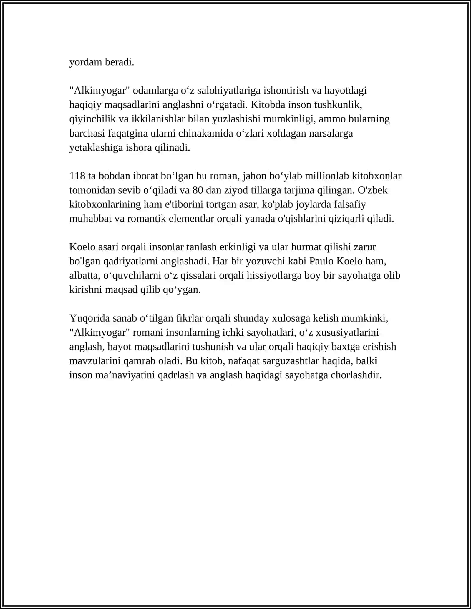 POELO KOELONING "ALKIMYOGAR" ASARINI O'QISH VA MOHIYATI BO'YICHA ESSE TAYYORLASH 4
