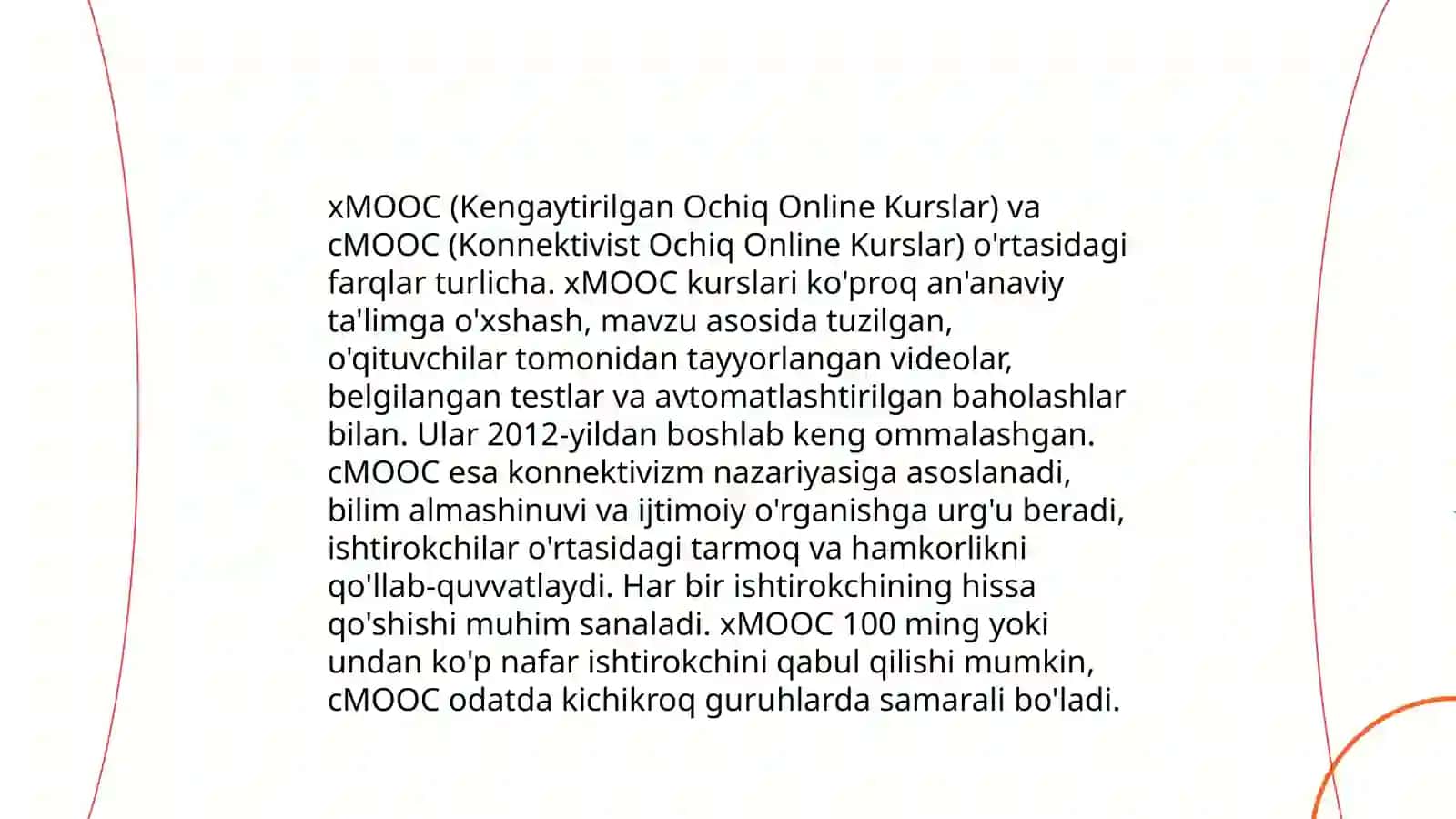 Zamonaviy ta'lim modellari (Ommaviy ochiq onlayn kurslar; xMOOC, cMOOC) 4