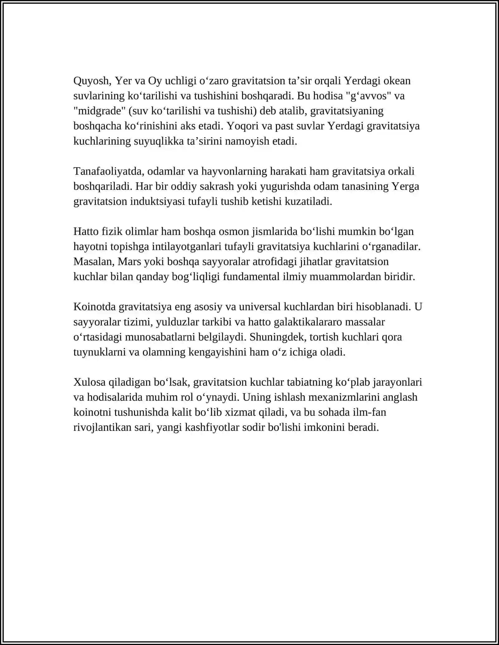 MUSTAQIL ISH Mavzu: BUGUN OLAM TORTISHISH QONUNI 4
