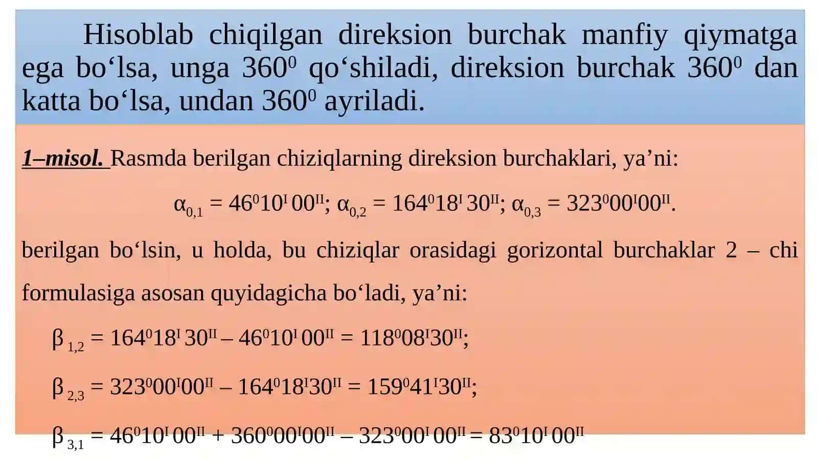 Direksion burchak va gorizontal burchak bog‘liqligi 4