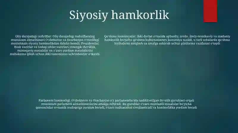 O'Zbekiston Respublikasi Va Azarbayjon Respublikasining Hamkorligi Va Munosabatlari 4