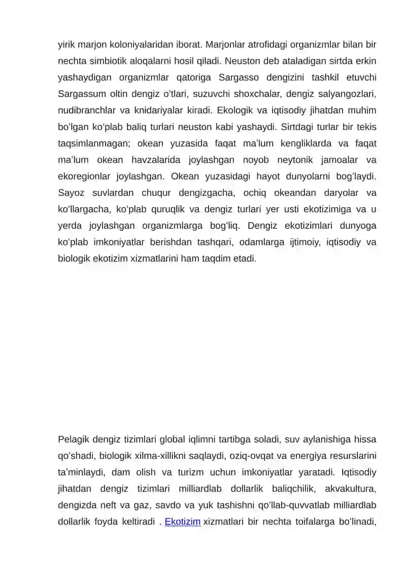 Dengiiz ekosistemasi. Xizmatlari 4
