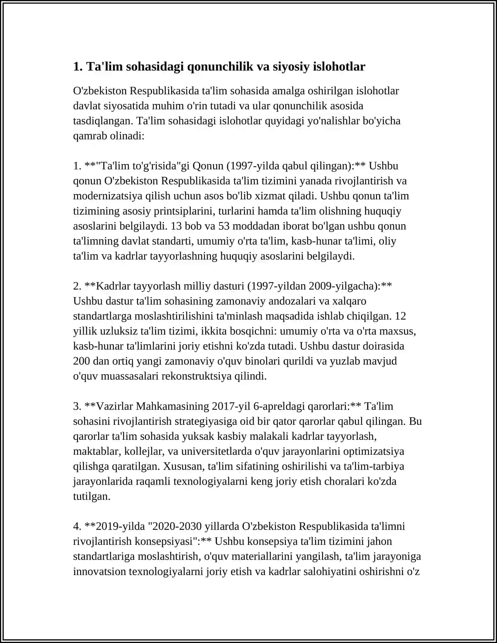 O'ZBEKISTON RESPUBLIKASIDA TA'LIM SOHASIDA AMALGA OSHIRILGAN 4