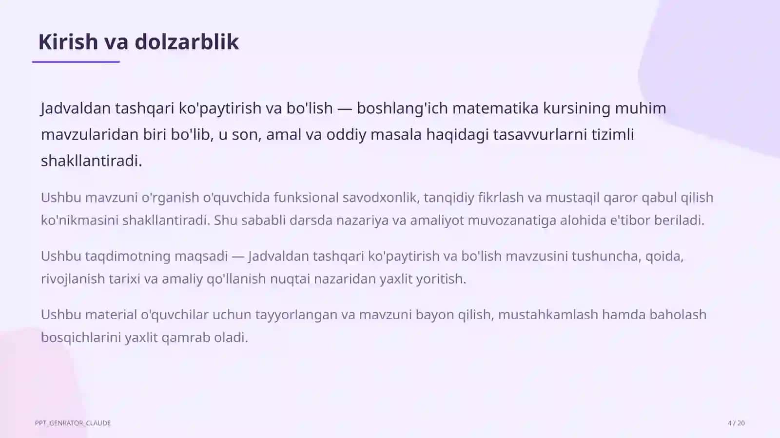 Jadvaldan tashqari ko'paytirish va bo'lish (3-sinf) 4