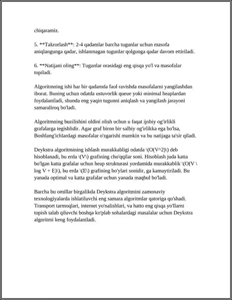 GRAFLARDA ENG QISQA YO'LNI ANIQLASHNING DEYKSTRA ALGORITMLARI 4