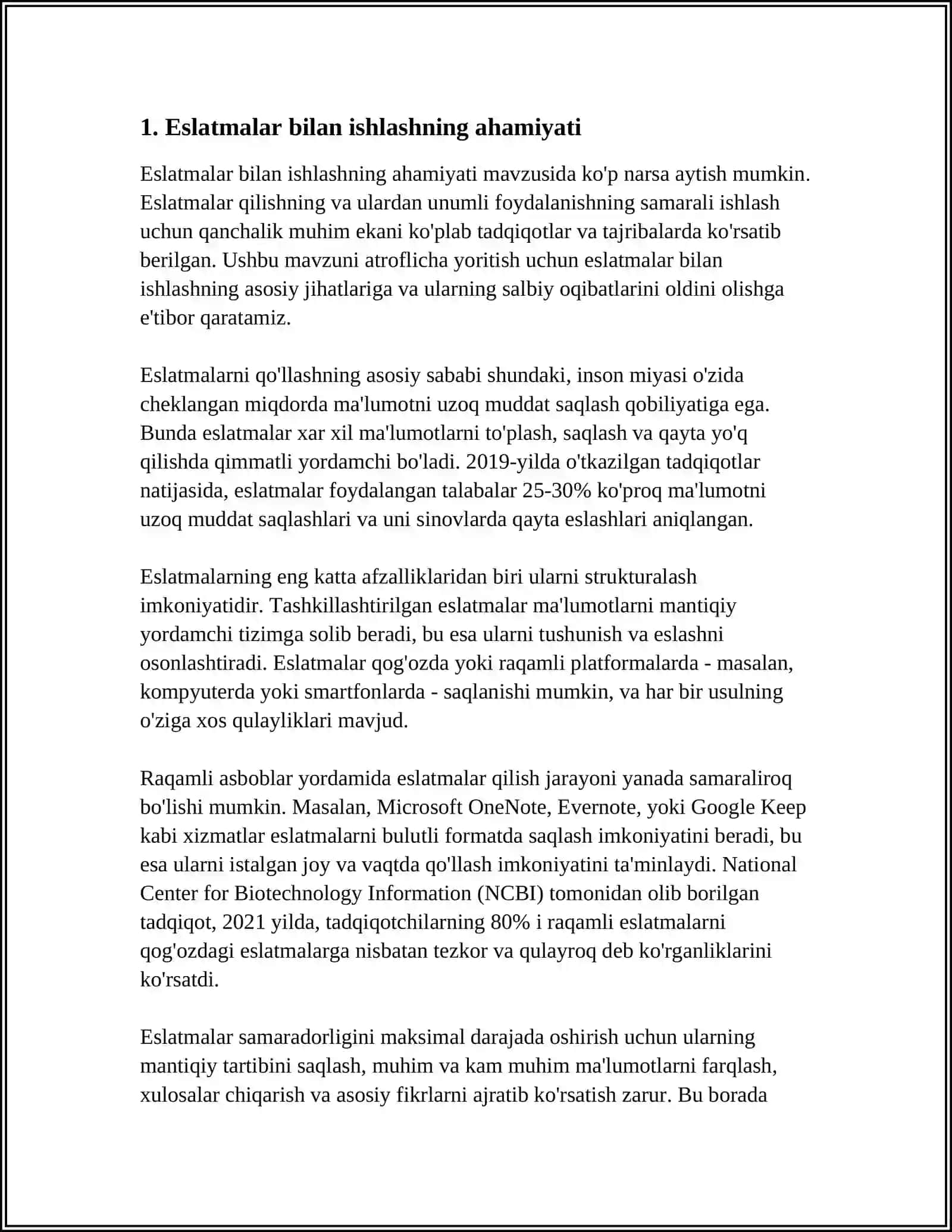 ESLATMALAR BILAN ISHLASH (NOTE TAKING) VA FOYDALI JIHATLARI. AKADEMIK YOZISH VA SAMARALI AMALGA OSHIRISH OMILLARI 4