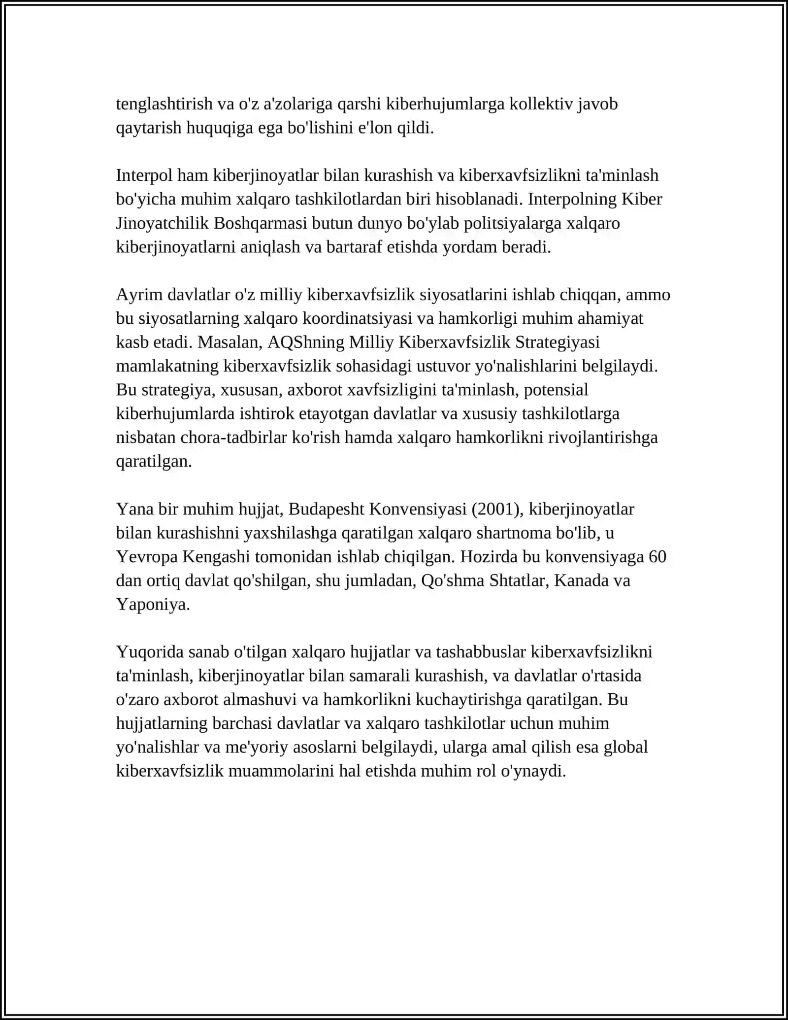 KIBERXAVFSIZLIK YUZASIDAN XALQARO HUJJATLAR VA CHET EL MAMLAKATLARI TAJRIBASI 4