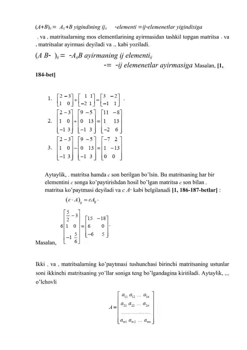 Matritsa va ular ustida amallar. Determinant tushunchasi va uni hisoblash. 4