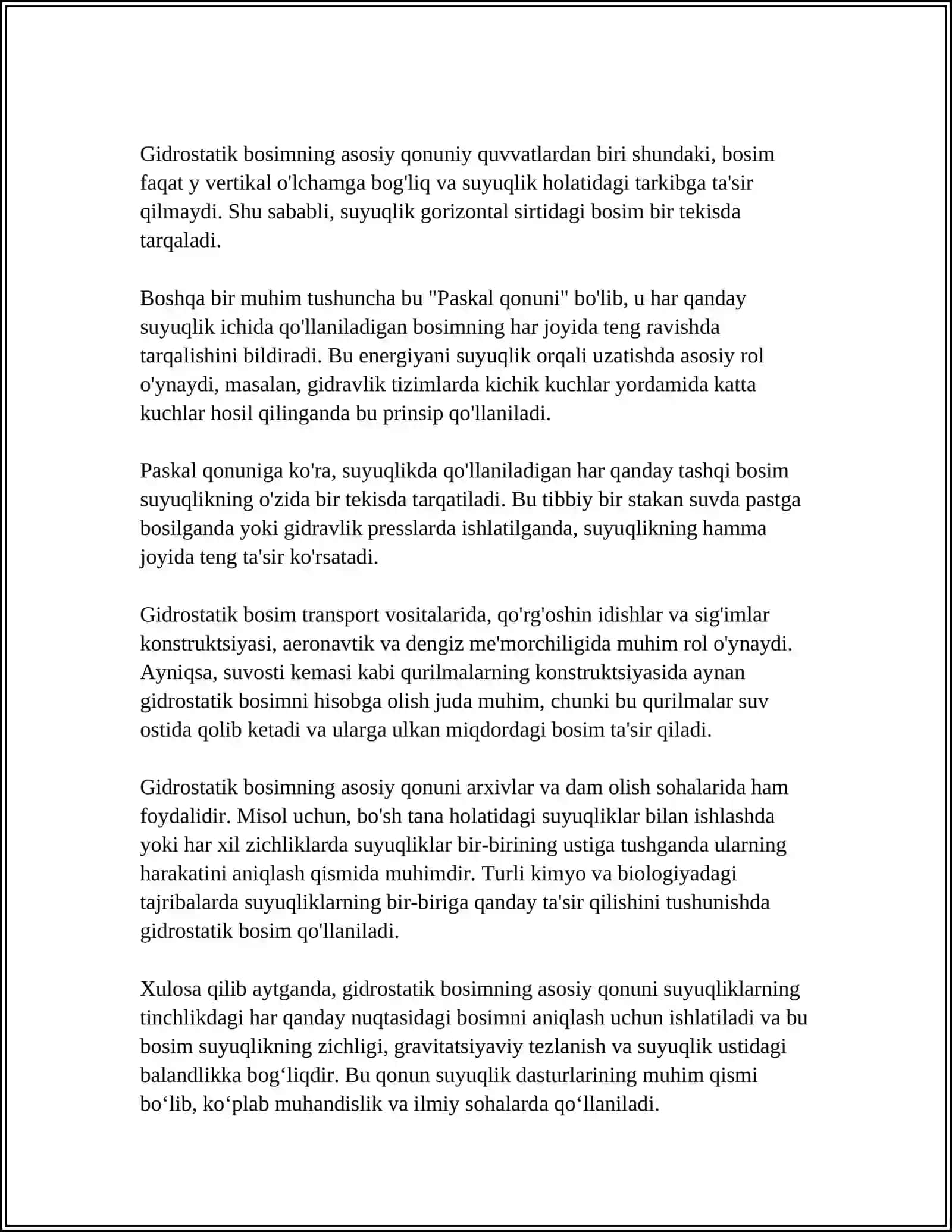 GIDROSTATIK BOSIM VA SUYUQLIK QONUNLARI 4