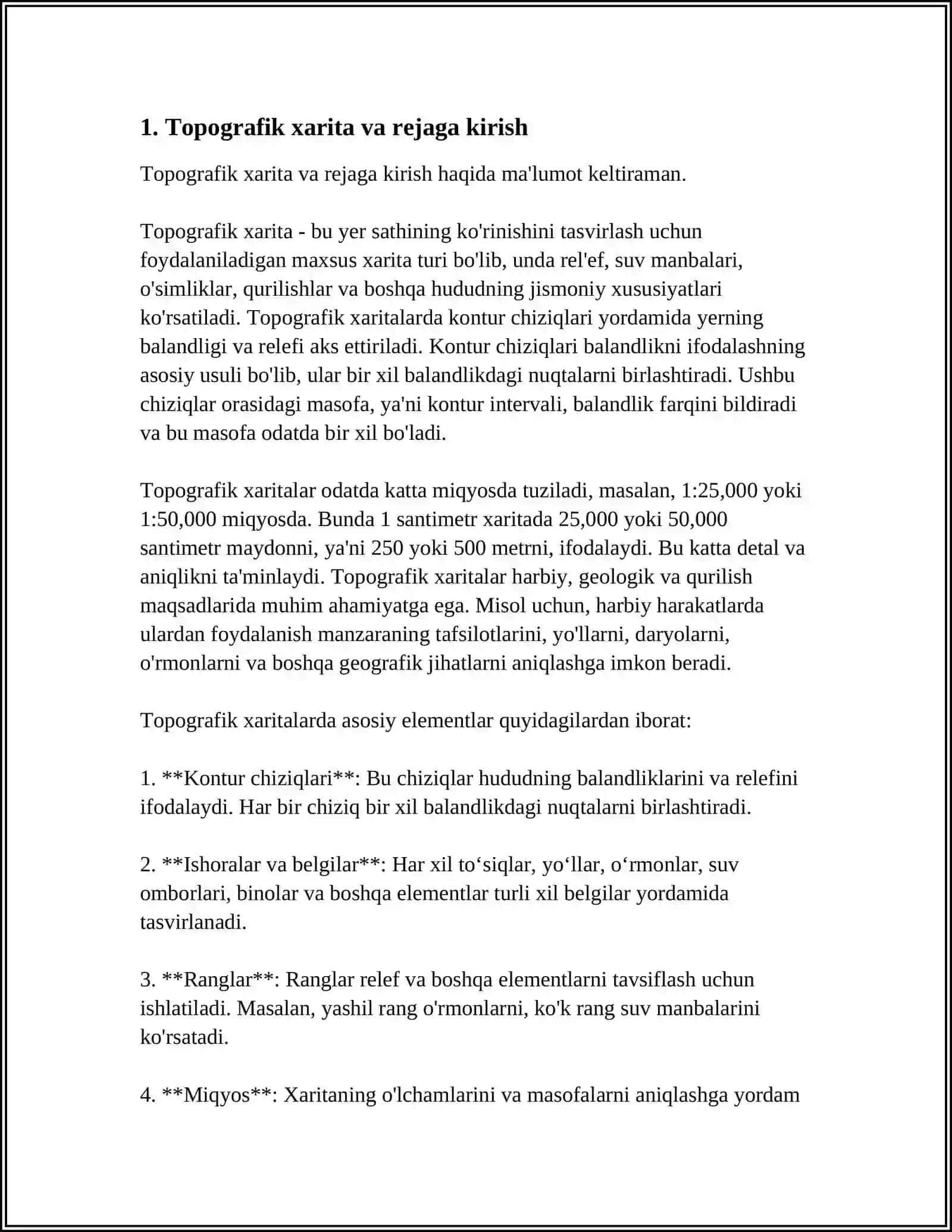 TOPOGRAFIK XARITA VA REJA. TOPOGRAFIK XARITA MAZMUNI VA SHARTLI BELGILAR 4