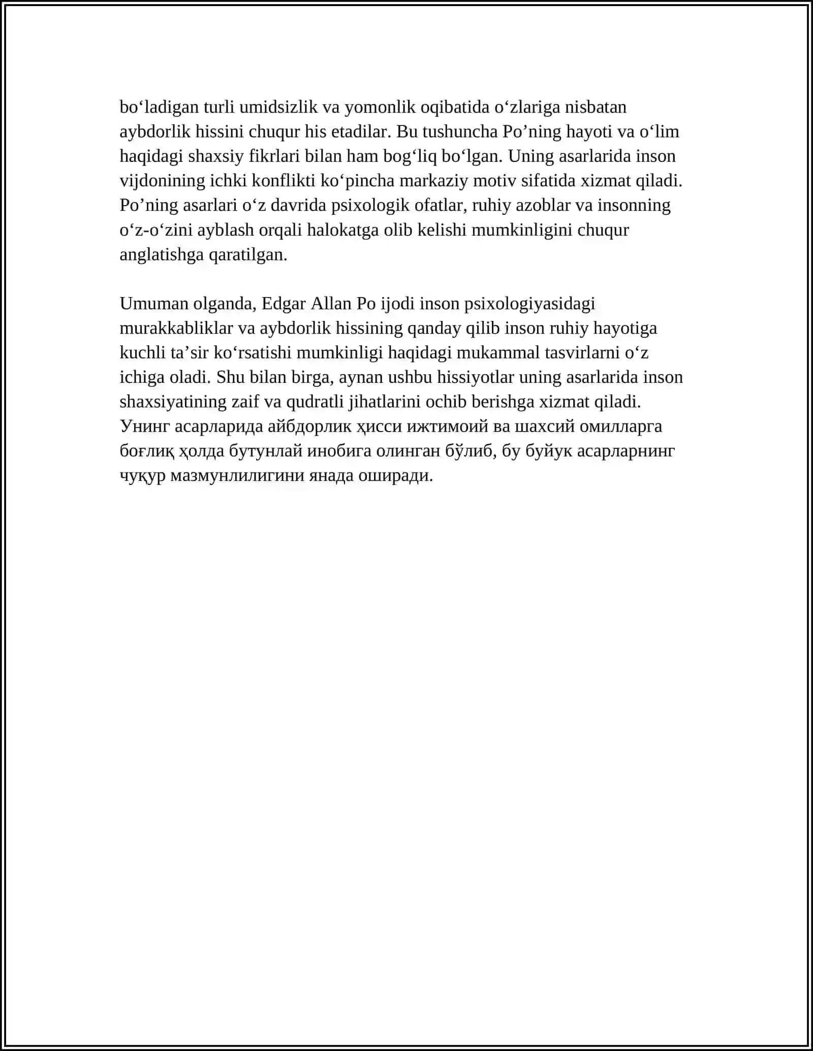 EDGARD ALLAN PONING "QORA MUSHUK" HIKOYASIDA AYBDORLIK HISSINING RUHIY PORTRETI 4