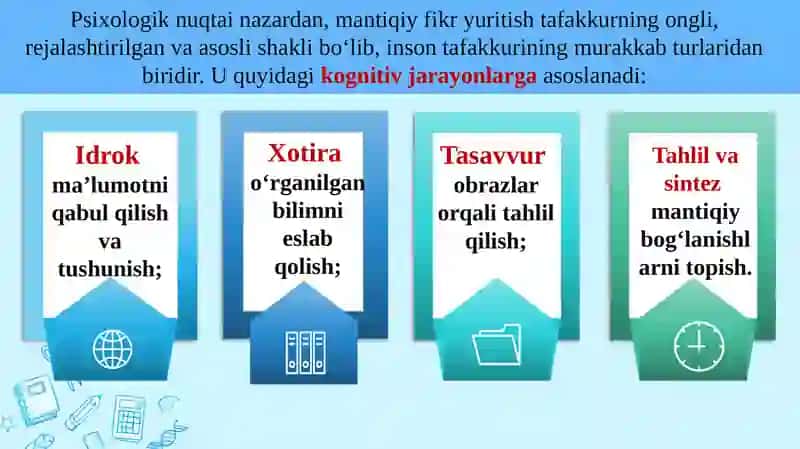 Mantiqiyfikrlashning asosiy bosqichlari va jarayonlari 4