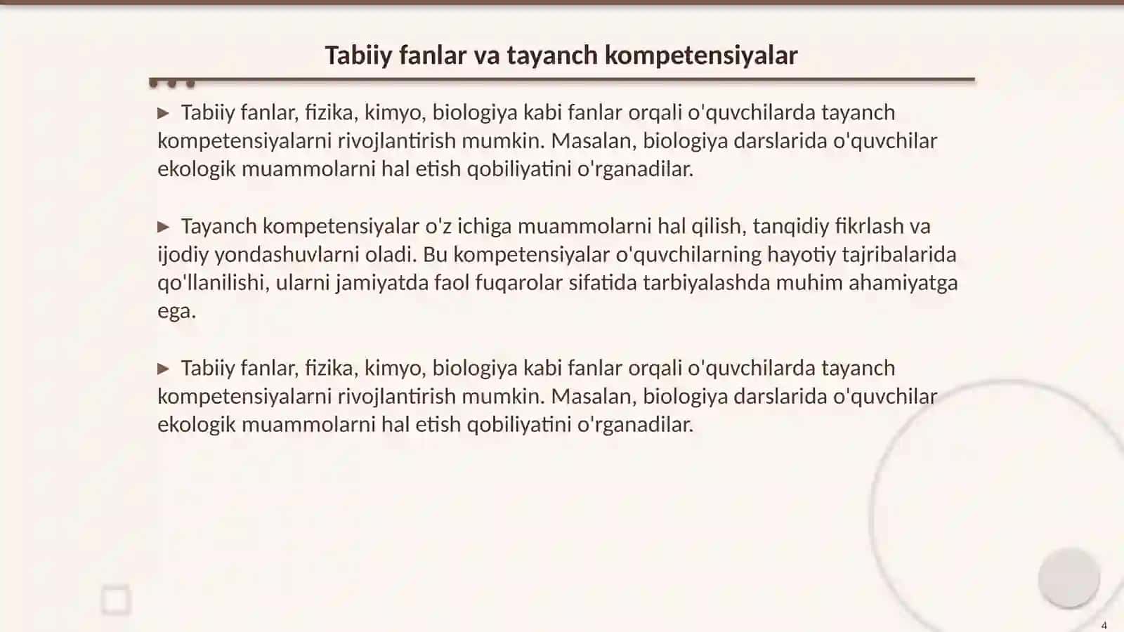 Milliy oʻquv dasturida tabiiy fanlarni oʻqitish orqali tayanch konpetnsiyalarni rivojlantirish 4