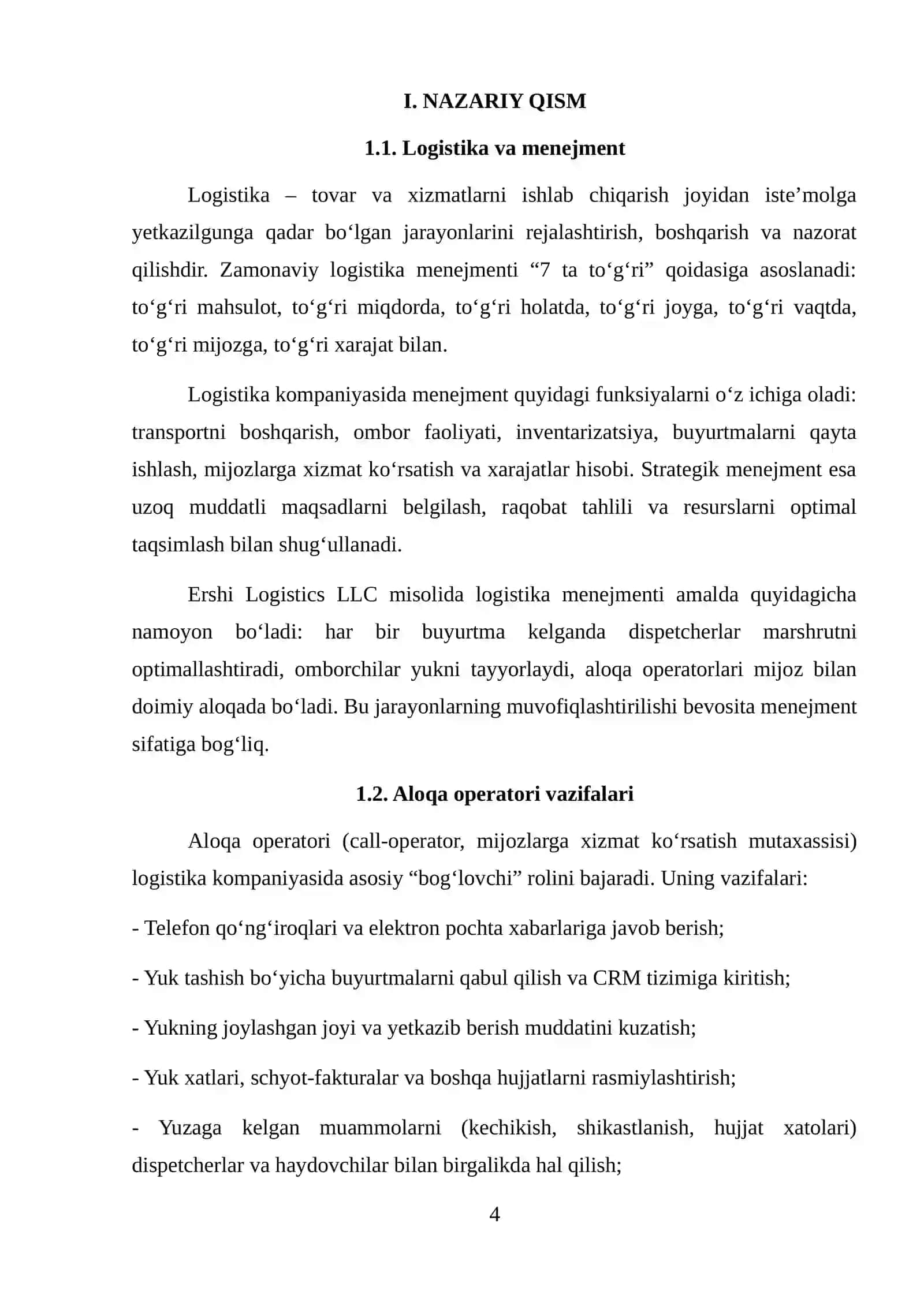 AMALIYOT HISOBOTI. LOGISTIKA FAOLIYAT BOʻYICHA 4